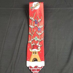 Yule Tie Greetings Christmas Red Tie w/ Presents Scattered in Reindeer’s Antlers